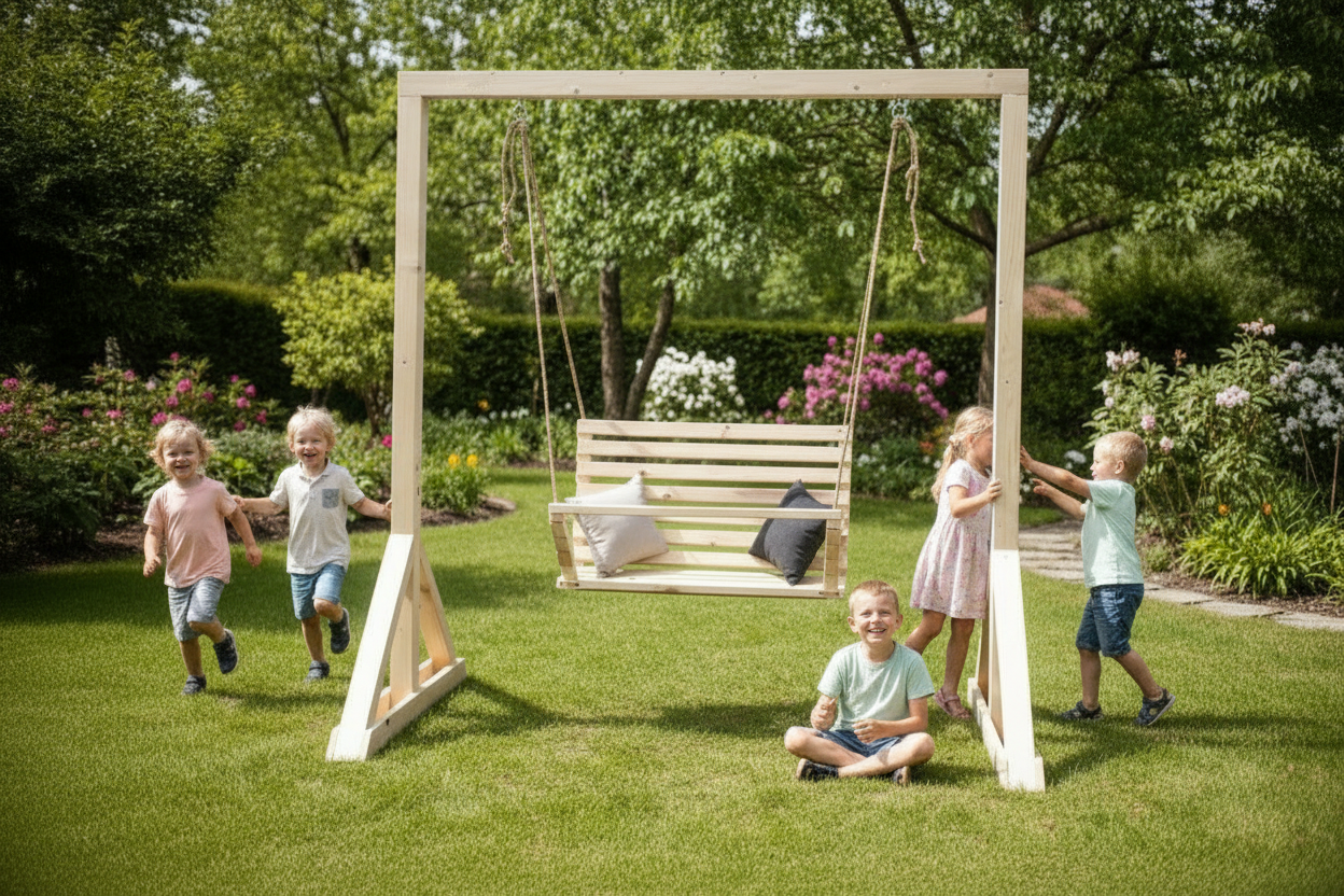 SAKART Double Wooden Kids Swing (Ages 3–12)
