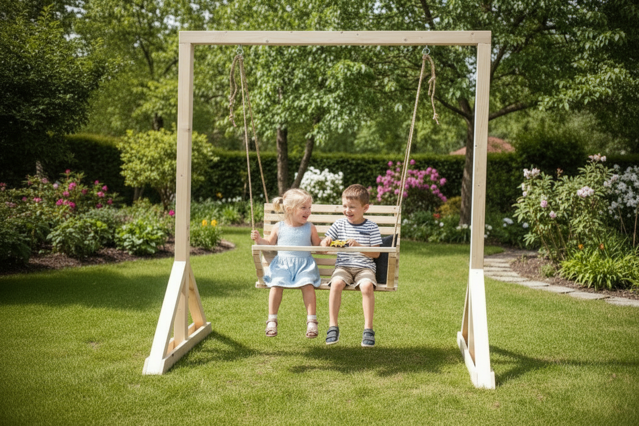 SAKART Double Wooden Kids Swing (Ages 3–12)