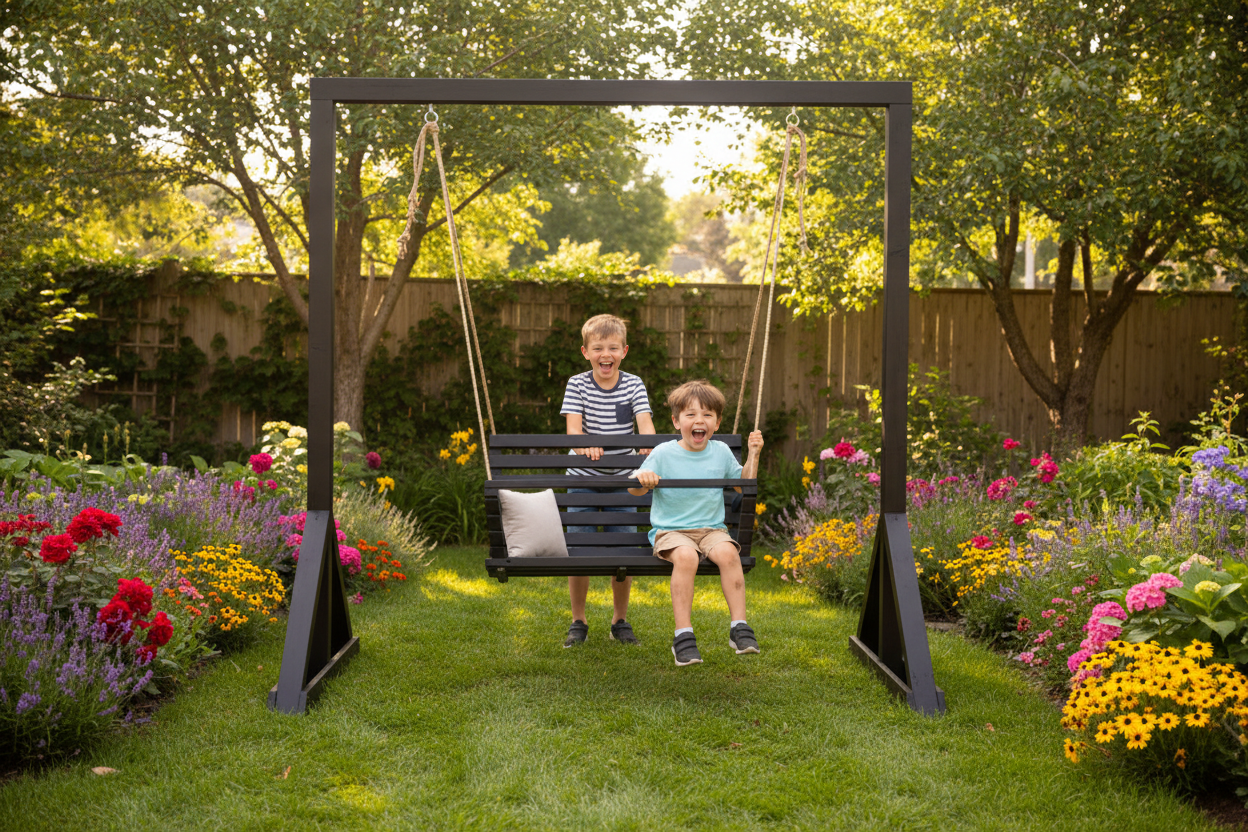 SAKART Double Wooden Kids Swing (Ages 3–12)