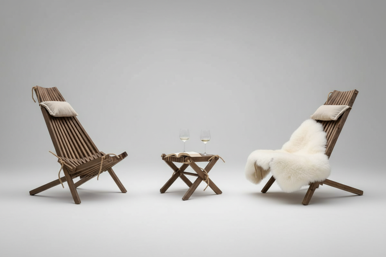 Set “Lemnart CCT5” – Handcrafted Wooden Lounge Chair Duo & Stool