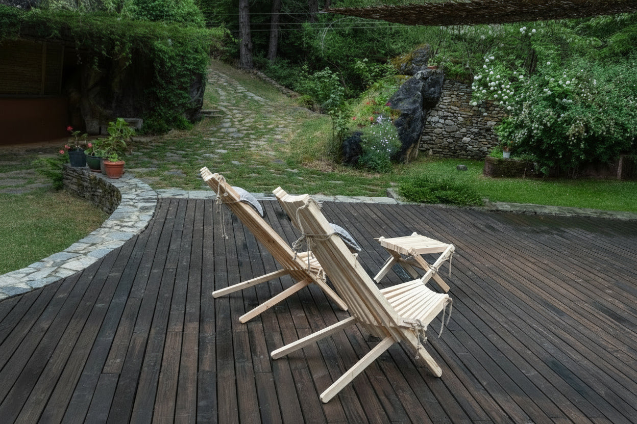 Wooden Lounge Set - 2 Chairs & Stool | Handmade Outdoor Furniture